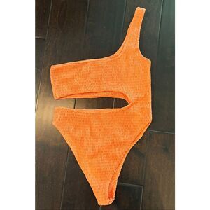 Naked Wardrobe Orange One Shoulder Cutout Swimsuit XL Crinkle Stretch High Cut N